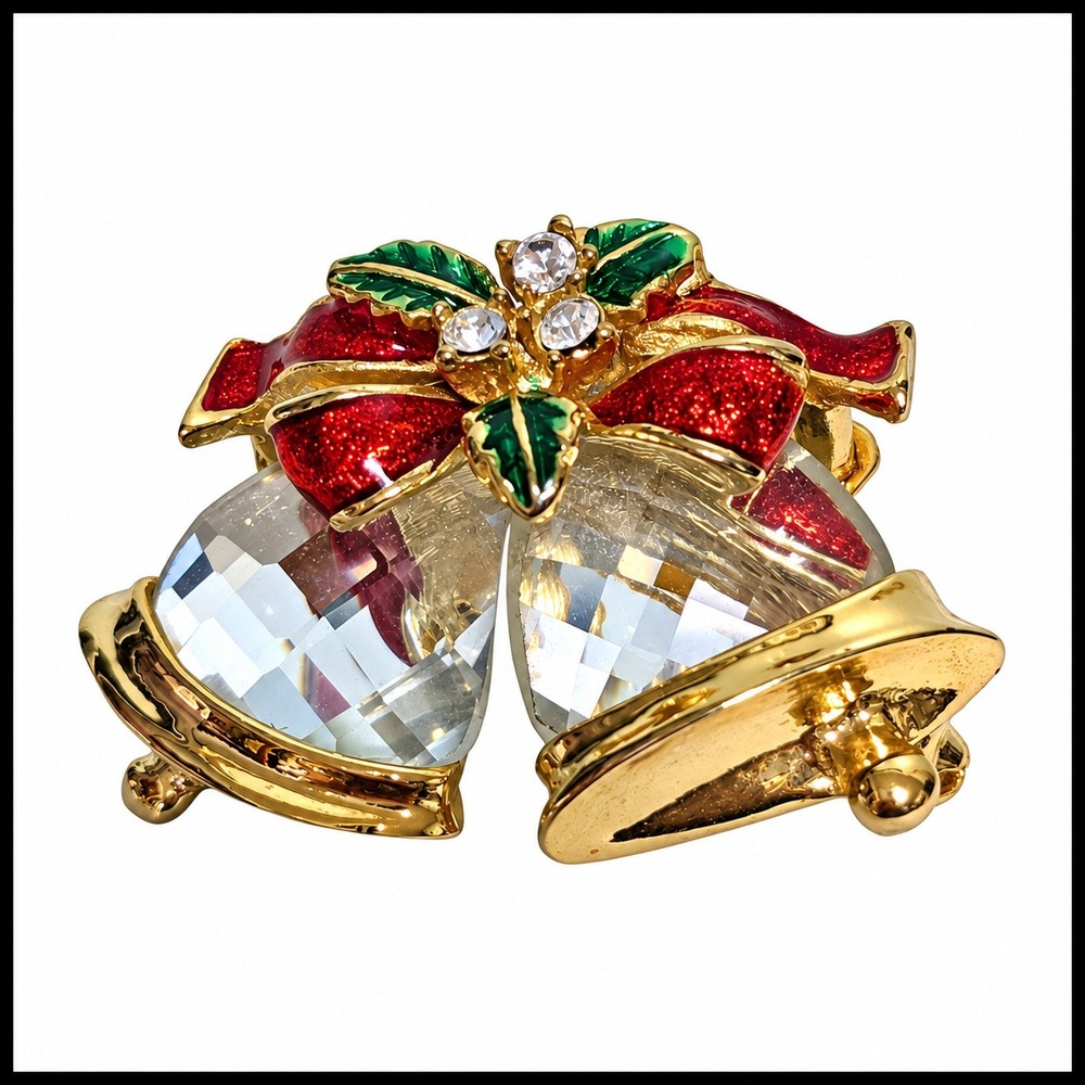 Vintage Christmas Bells Brooch Red Enamel Bow Holly Gold Tone Rhinestone Pin